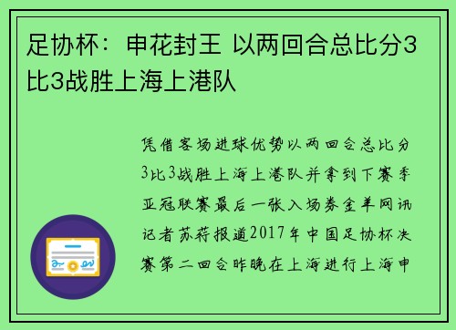 足协杯：申花封王 以两回合总比分3比3战胜上海上港队