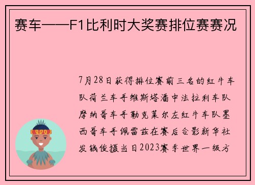 赛车——F1比利时大奖赛排位赛赛况